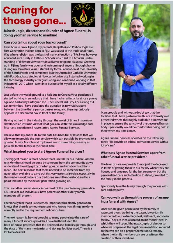 Article Pg 1 Article In Fiji Times Australia about Agnee Funeral Services