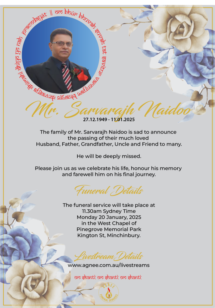 Funeral Notice - Sarvarajh Naidoo
