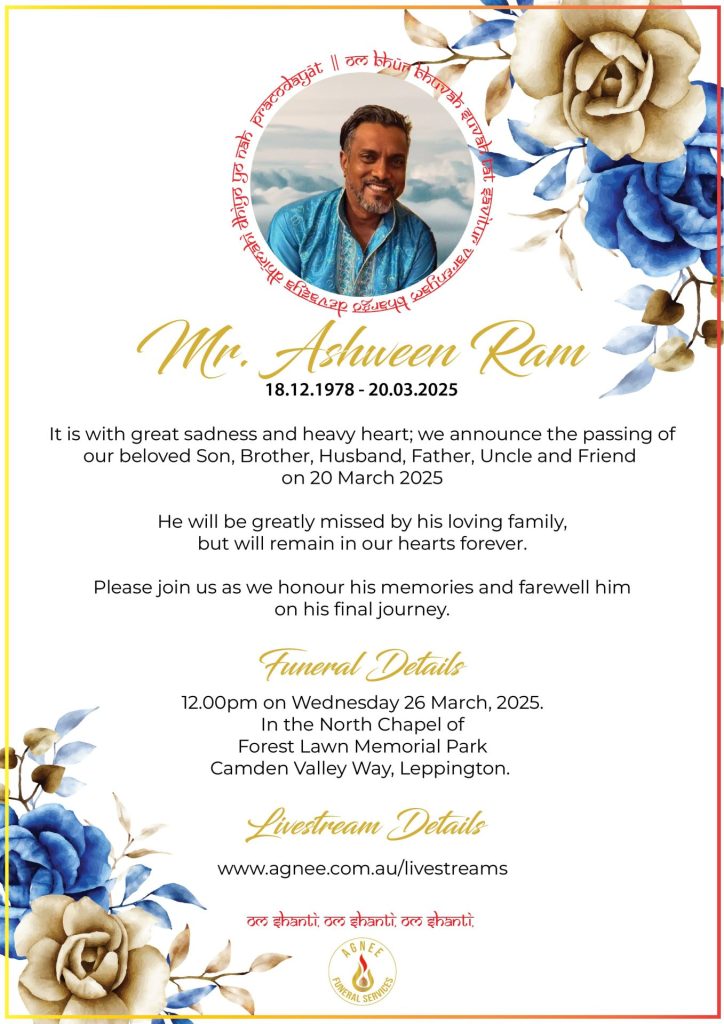 Funeral Notice - Ashween Ram