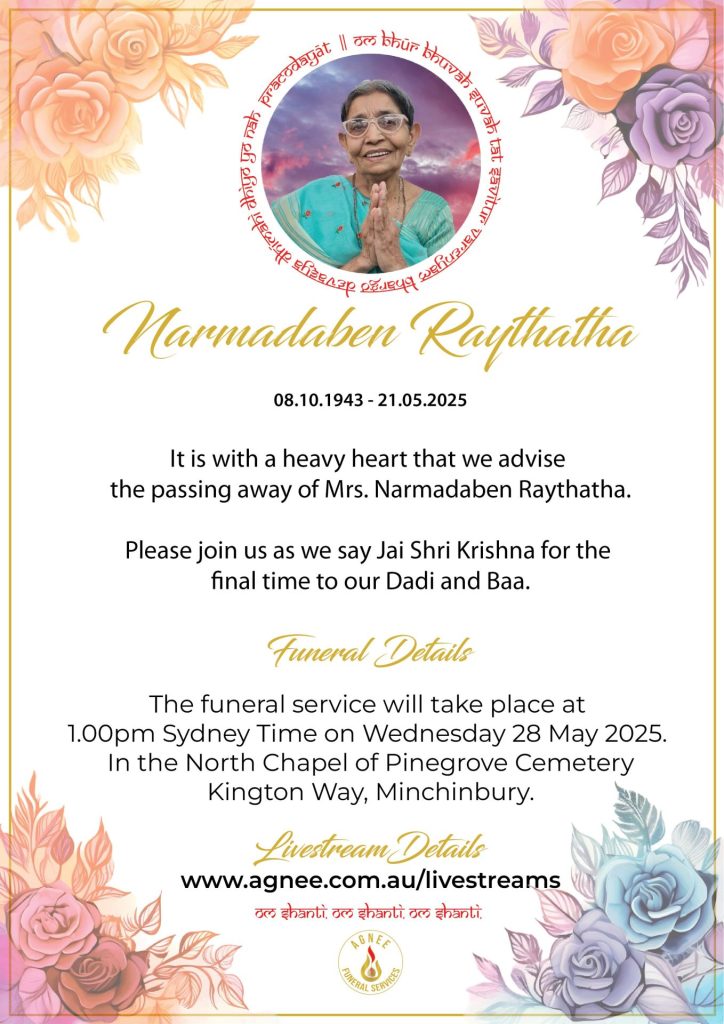 Funeral Notice - Narmadaben Raythatha