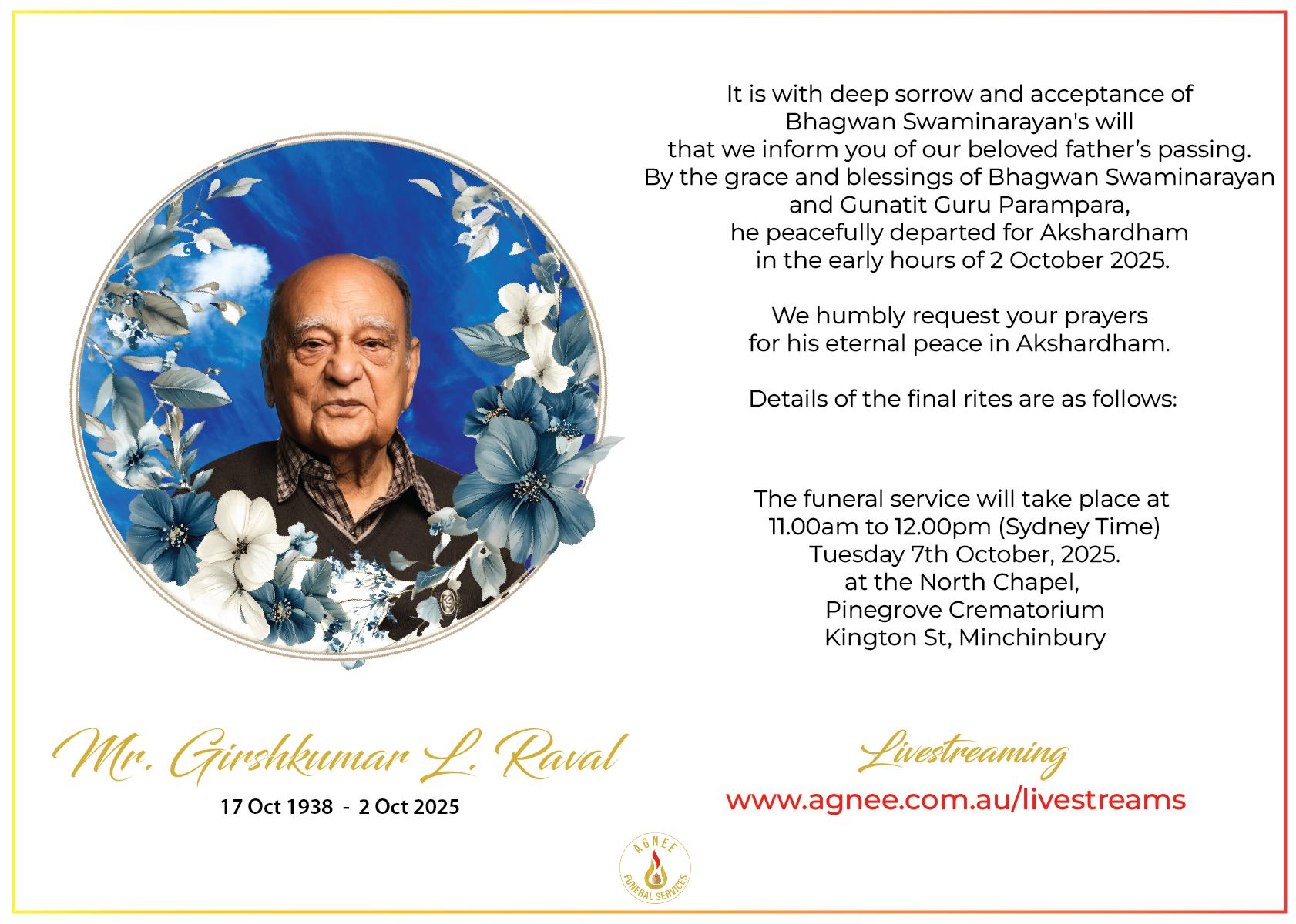 Funeral Notice of Mr. Girishkumar Raval