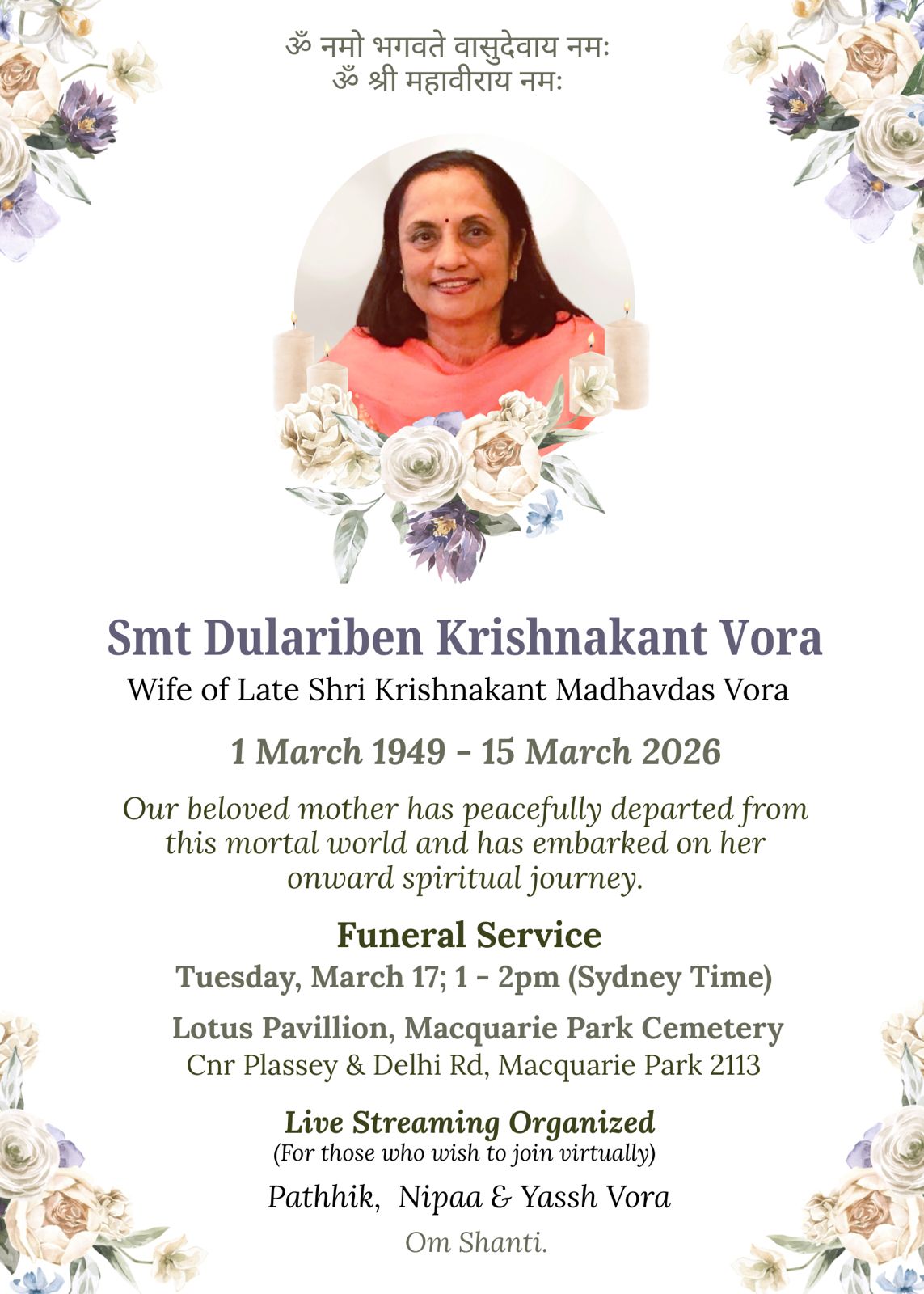 Funeral Notice - Dulari Vora Funeral Notice Dulari Vora