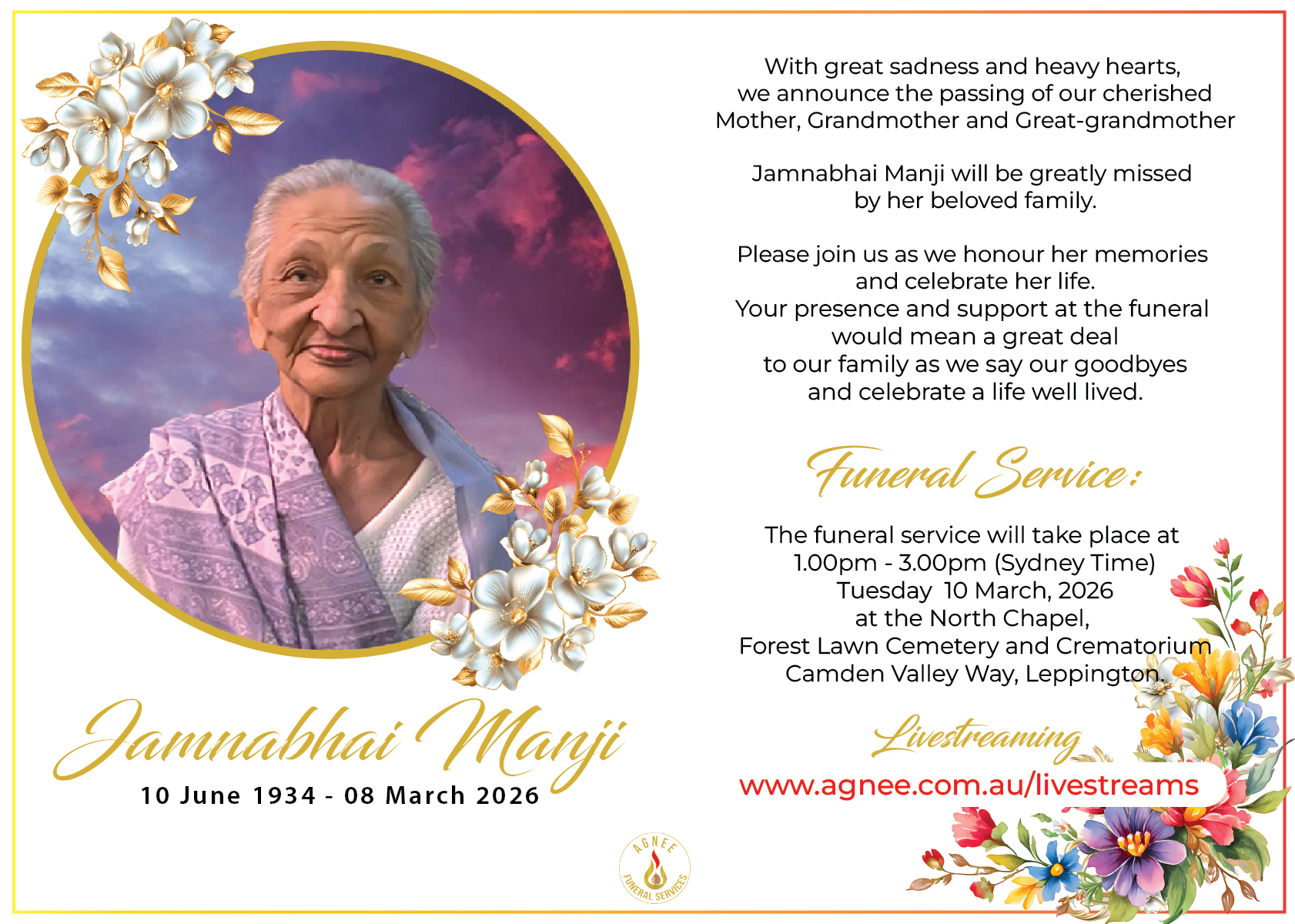 Funeral Notice of Jamnabhai Manji Funeral Notice of Jamnabhai Manji