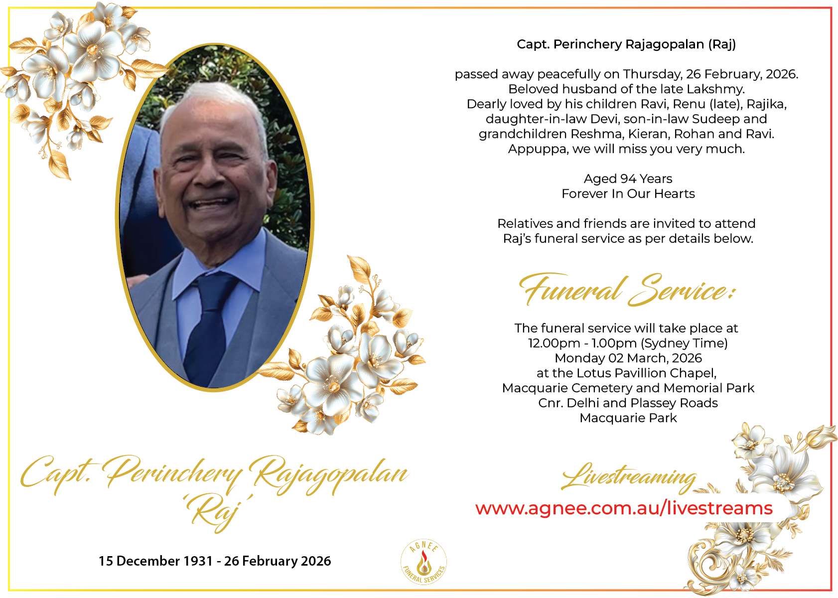 Funeral Notice of Perinchery Rajagopalan Funeral Notice of Perinchery Rajagopalan