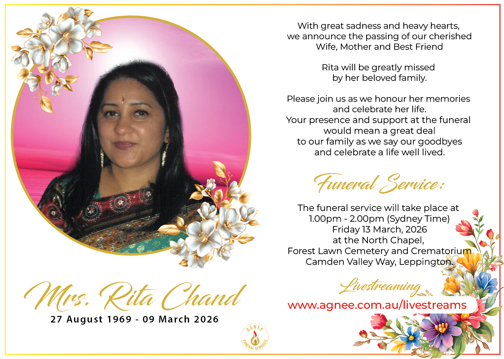 Funeral Notice of Rita Chand Funeral Notice of Rita Chand