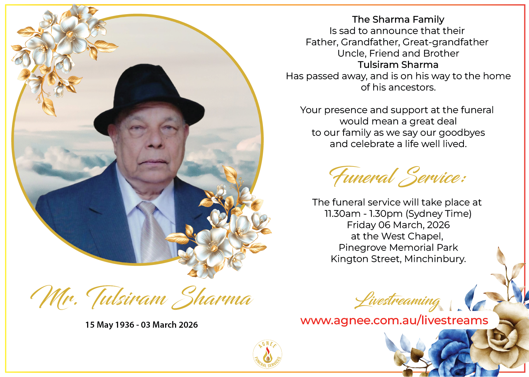 Funeral Notice of Tulsiram Sharma Funeral Notice of Tulsiram Sharma