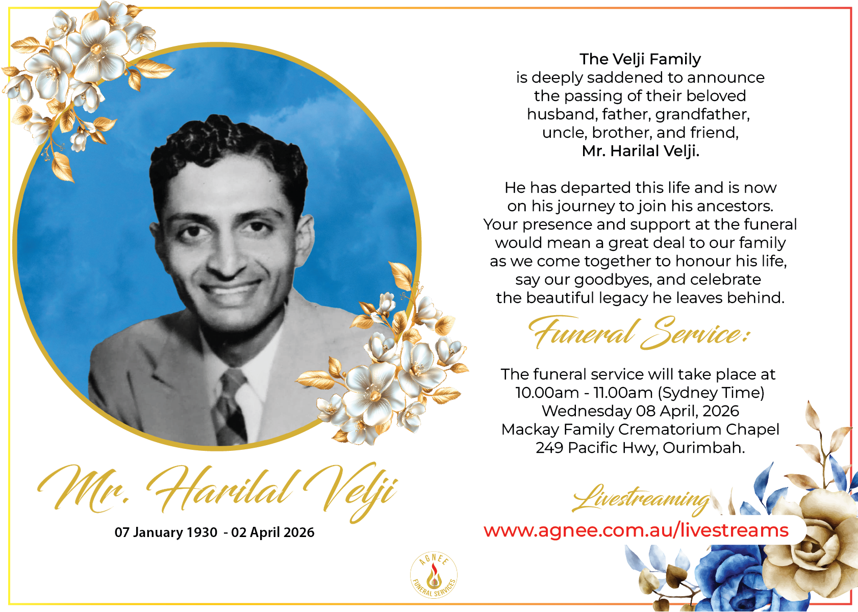Funeral Notice of Harilal Velji Funeral Notice of Harilal Velji