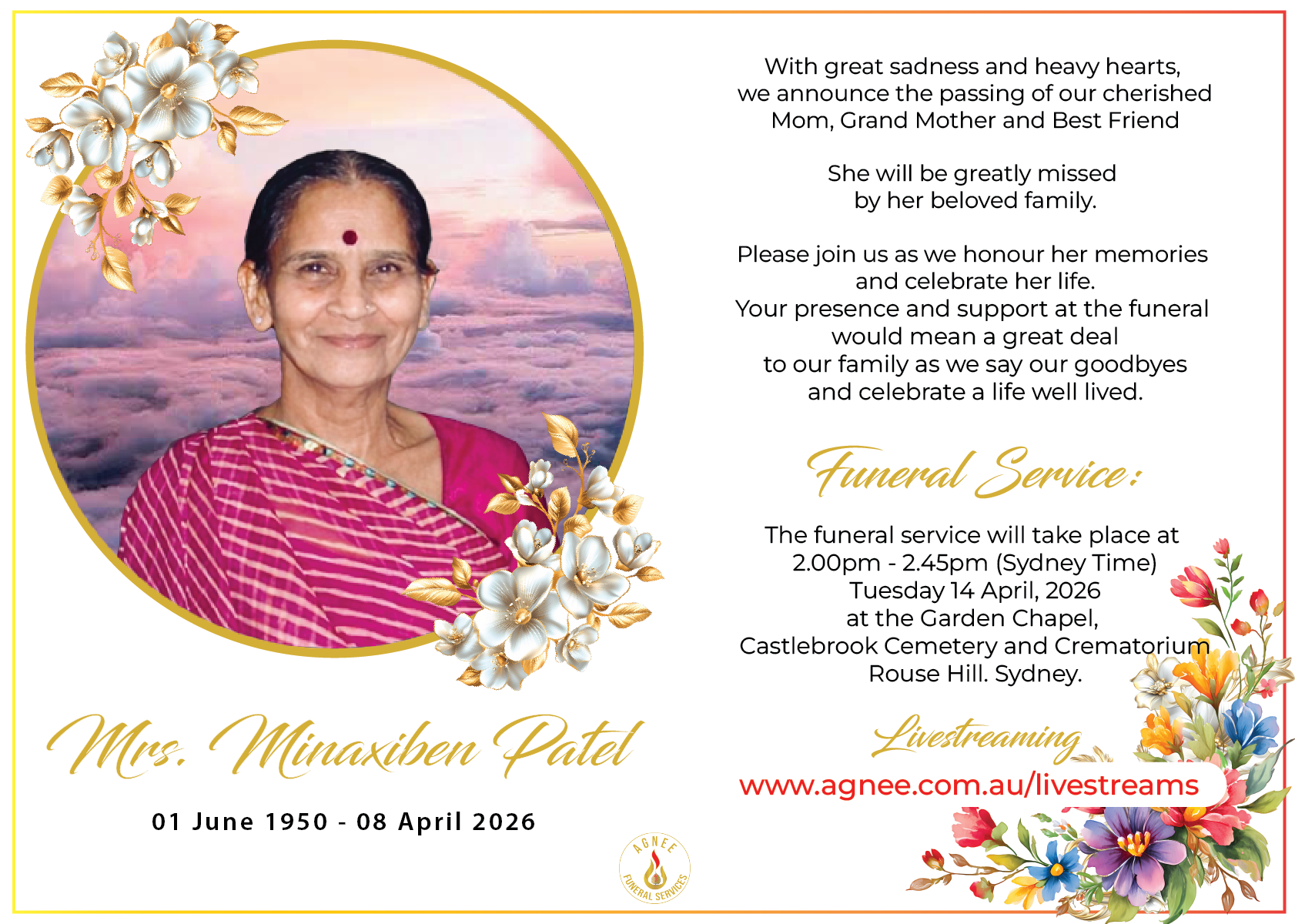 Funeral Notice of Minaxiben Patel Funeral Notice of Minaxiben Patel