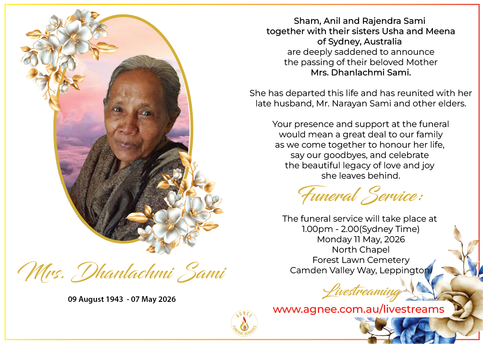 Funeral Notice of the late Dhanlachmi Sami Funeral Notice of the late Dhanlachmi Sami