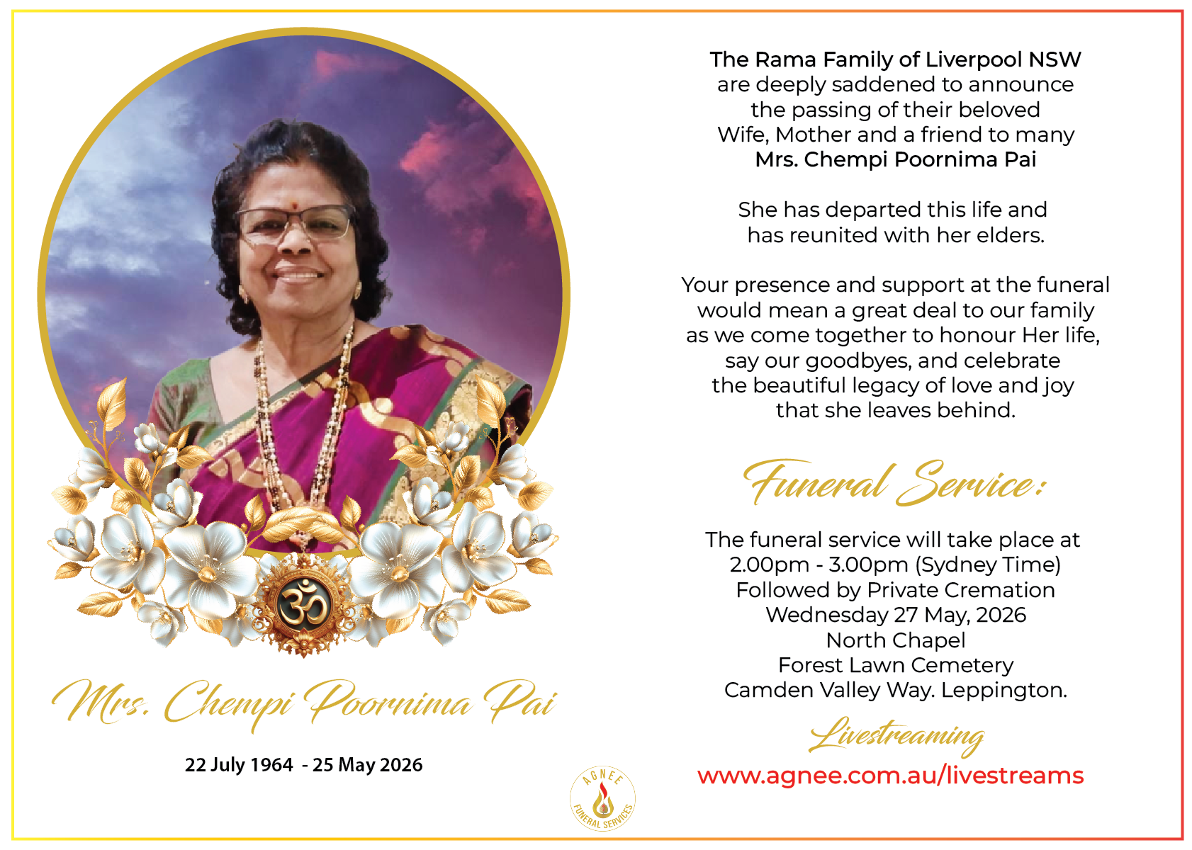 Funeral Notice of the late Mrs Chempi Pai Funeral Notice of the late Mrs Chempi Pai