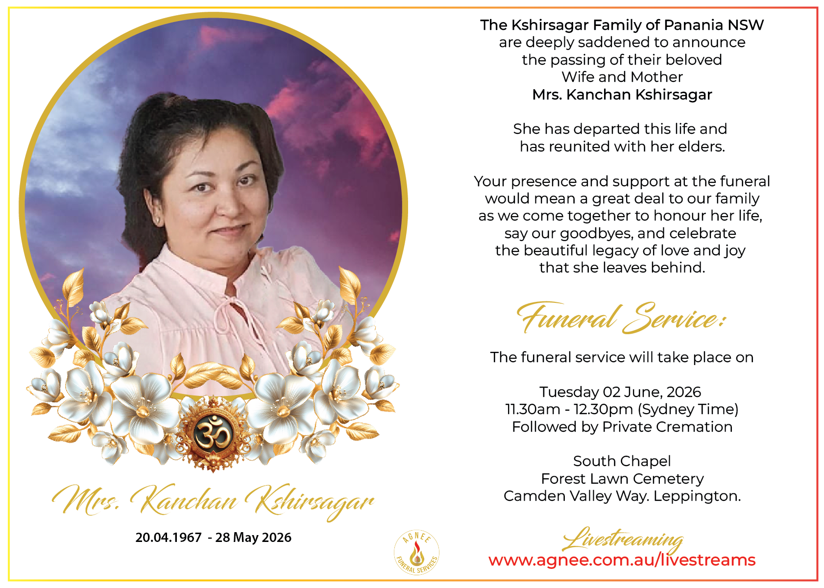 Funeral Notice of the late Mrs Kanchan Kshirsagar Funeral Notice of the late Mrs Kanchan Kshirsagar