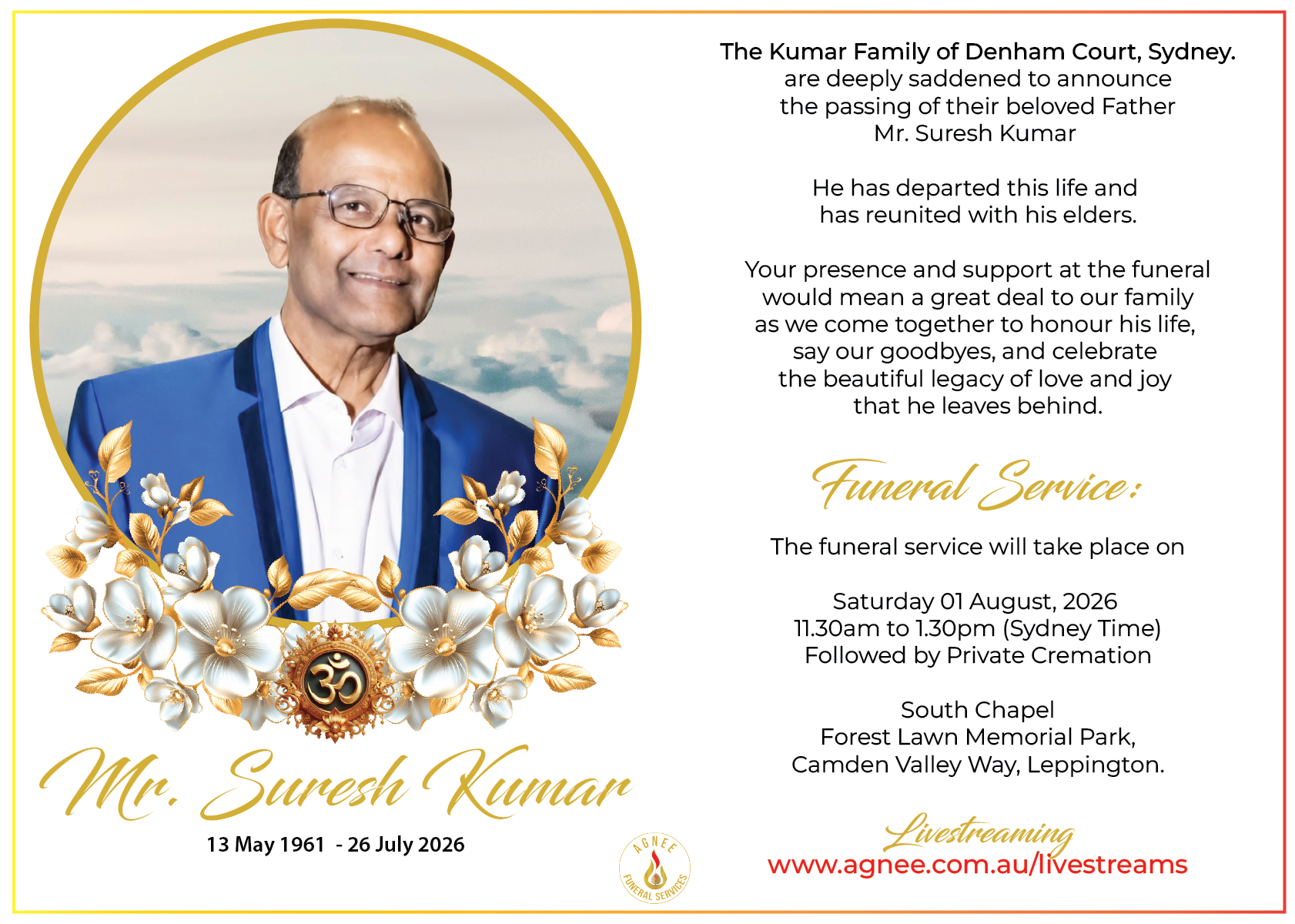 Funeral Notice of the late Mr. Suresh Kumar
