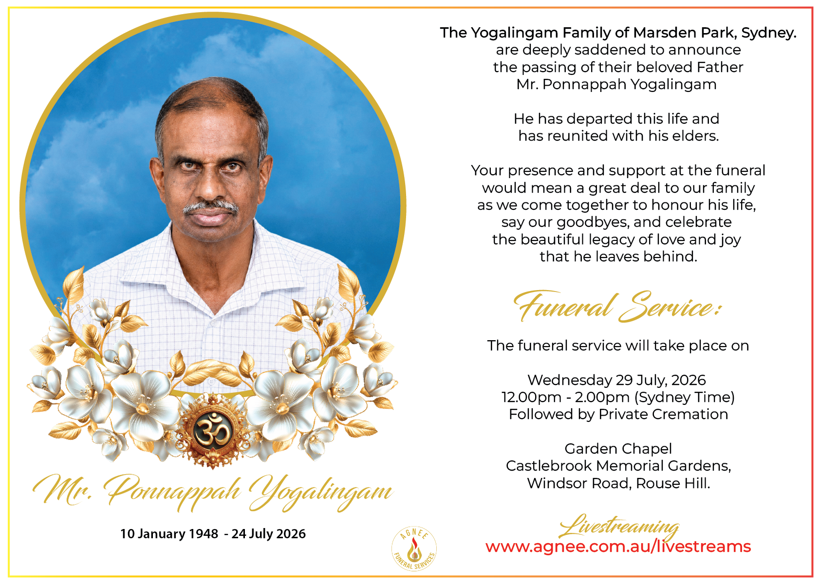 Funeral Notice of the late Mr. Yogalingam Ponnappah
