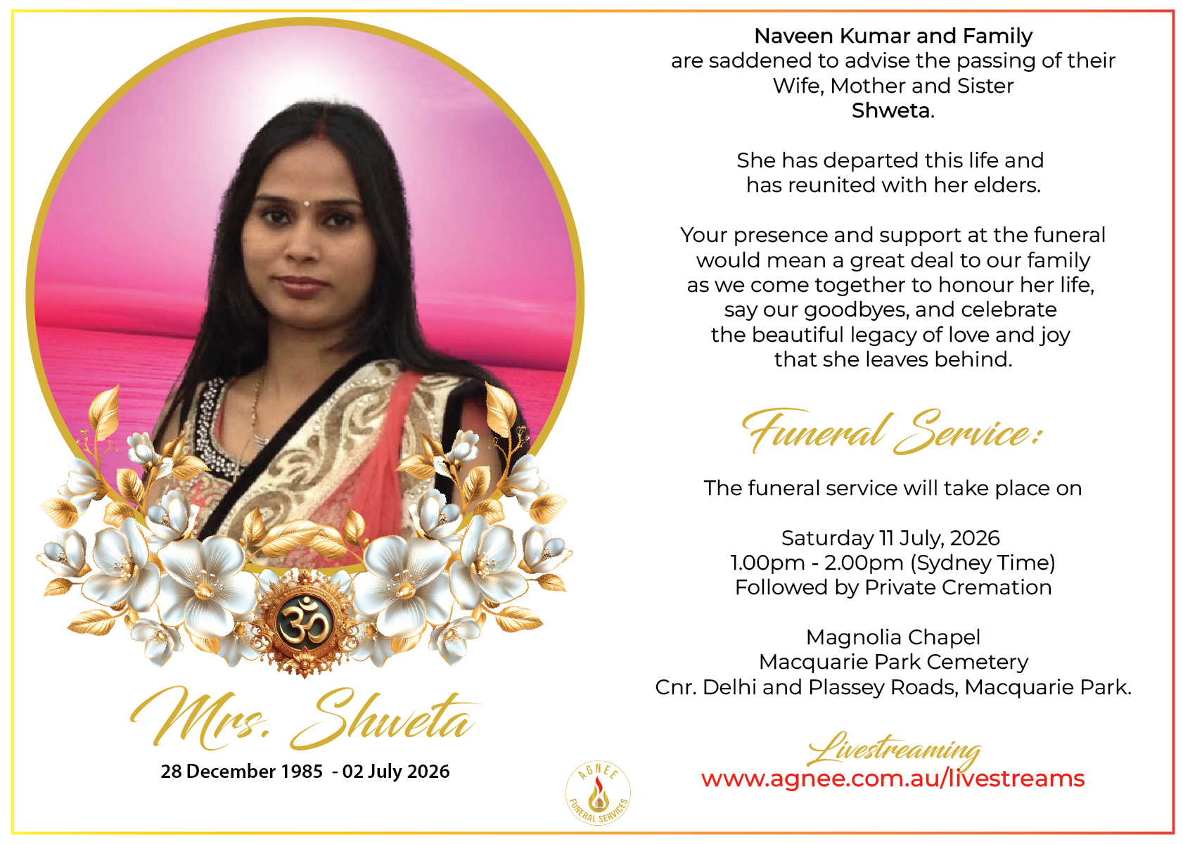 Funeral Notice of the late Mrs Shweta