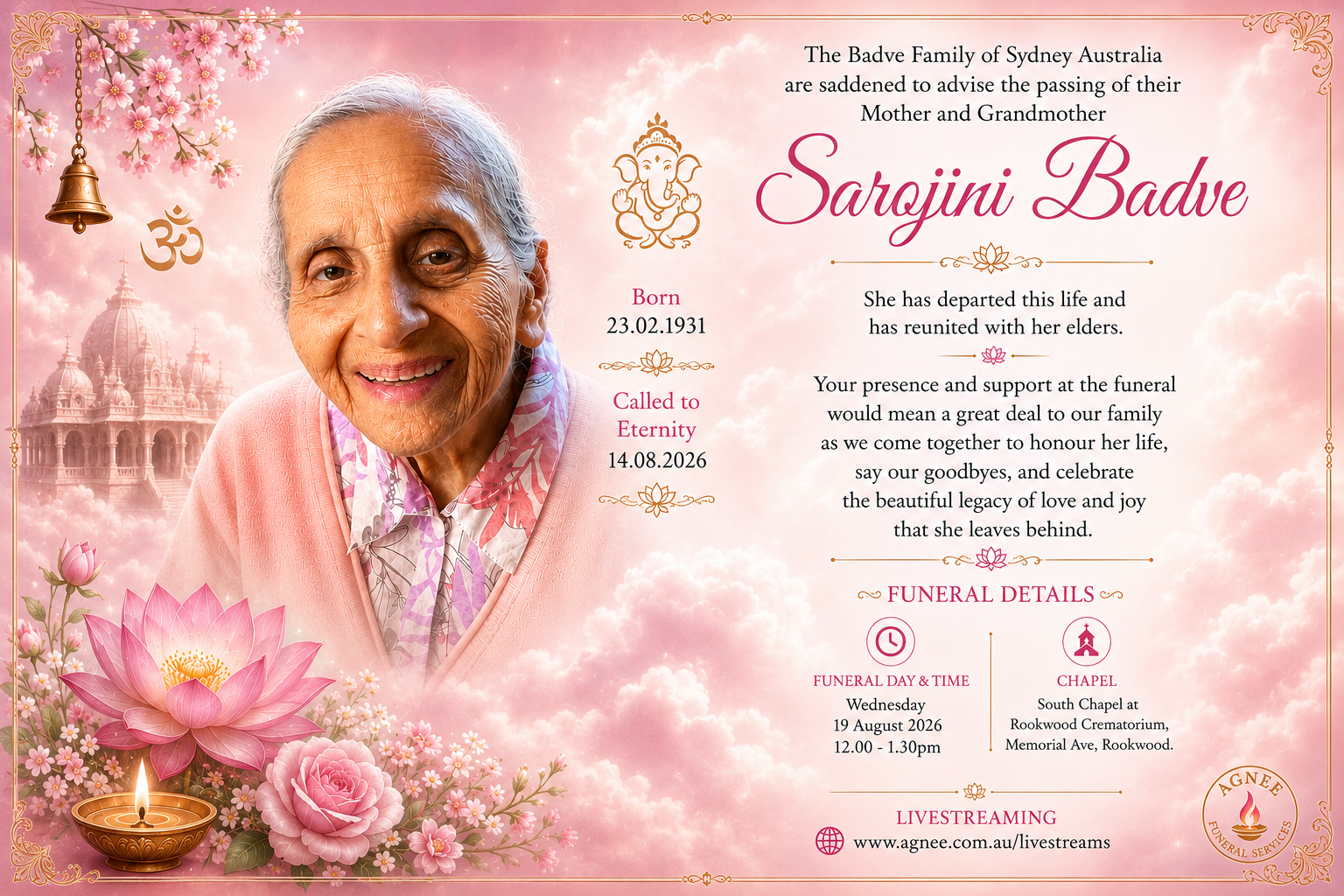 Funeral Notice Sarojini Badve