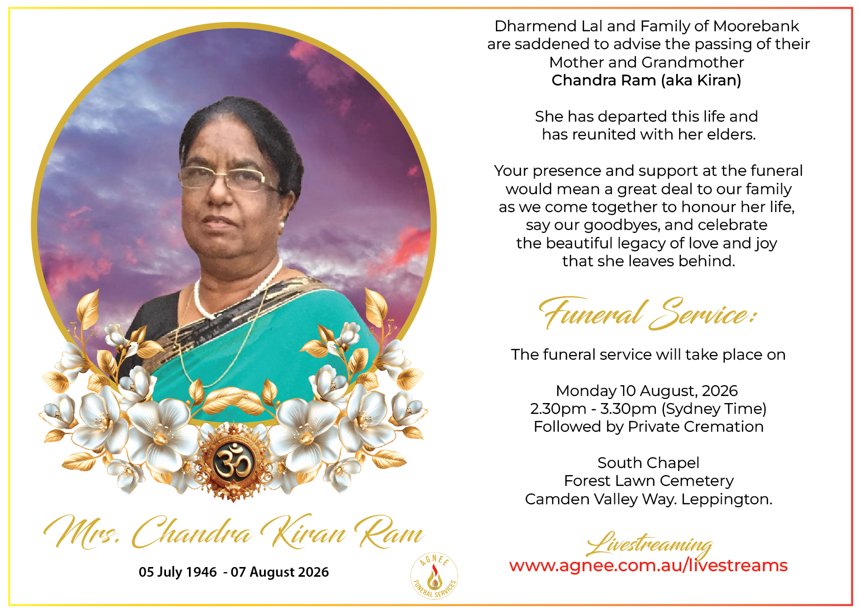 Funeral Notice of the late Chandra Kiran Ram