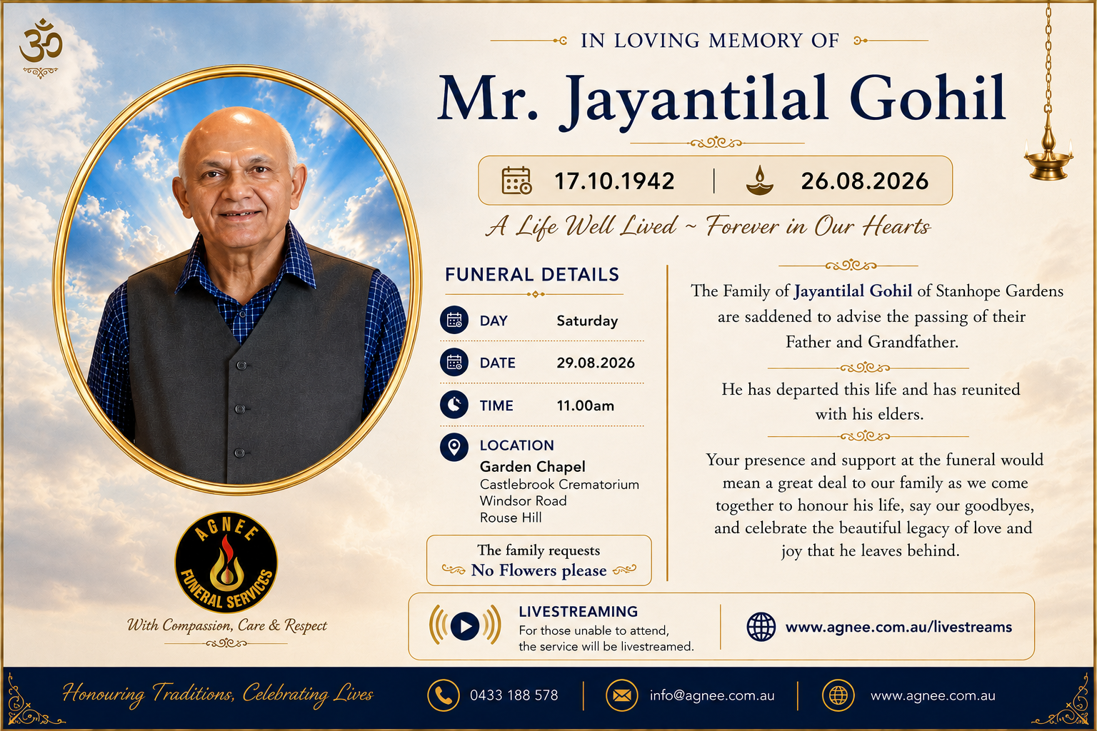 Funeral Notice of the late Mr Jayantilal Gohil