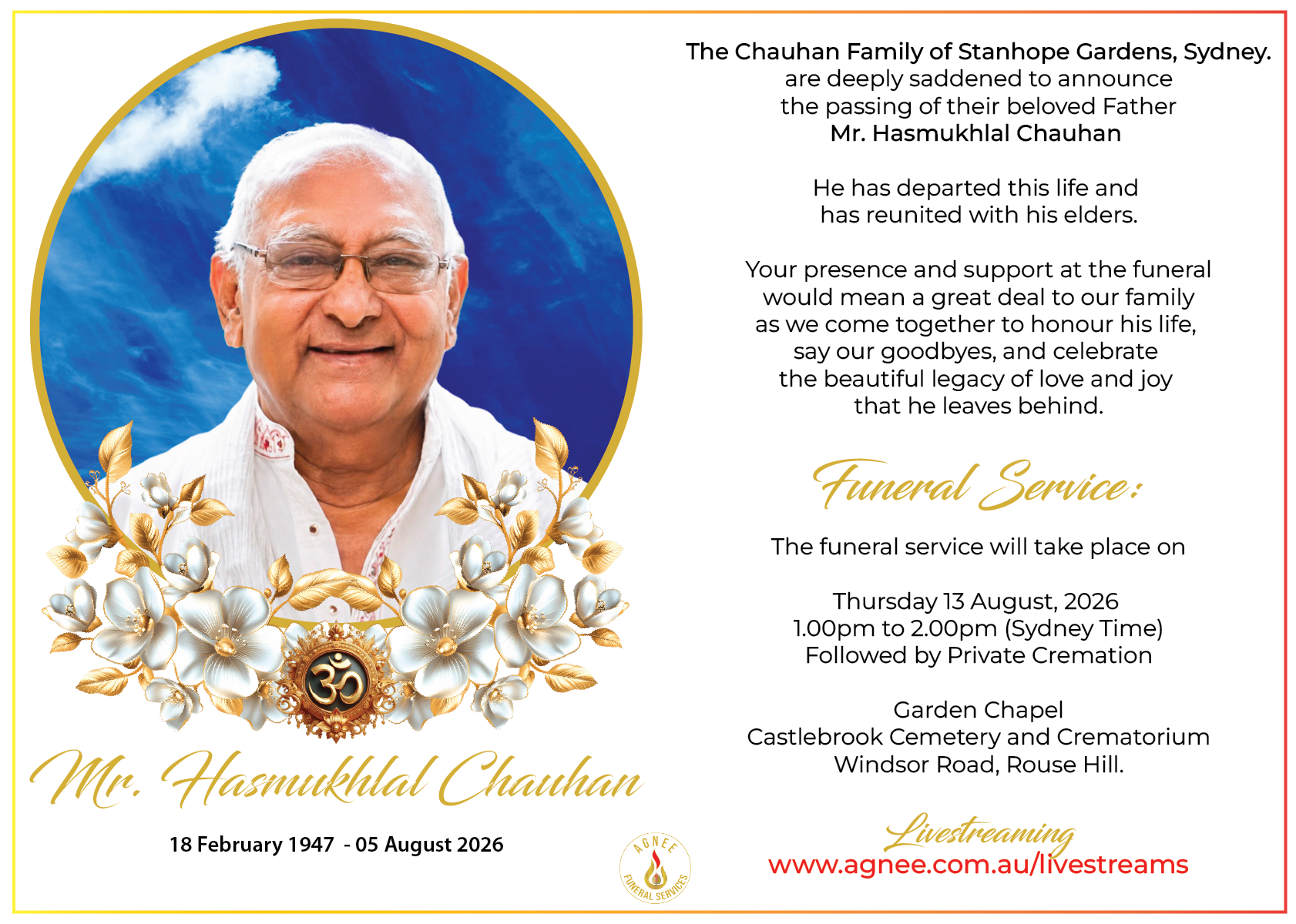 Funeral Notice of the late Mr. Hasmukhlal Chauhan