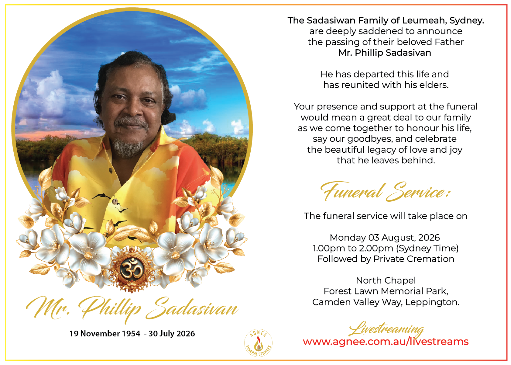 Funeral Notice of the late Mr. Phillip Sadasivan