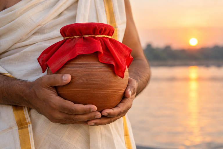 Person carrying traditional claypot of human ashes, covered with a red cloth. Agnee Funeral Services.